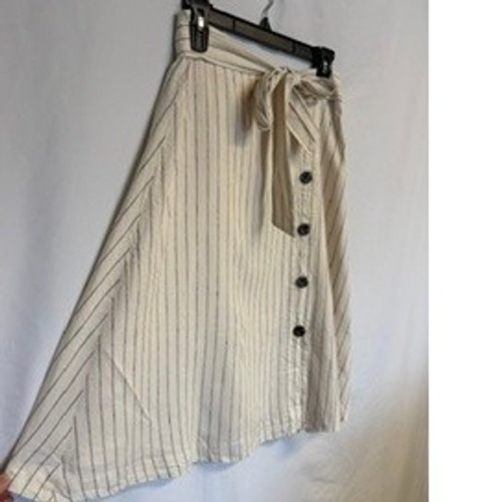 Ann Taylor Size 2 Cream Navy Blue Striped Button A-Line Midi Skirt Tie Waist